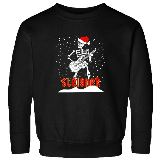 Skeletons Skulls Sleigher Skeletons Santa Playing Electric Guitar Christmas Skull Sweatshirts