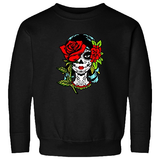 Skeletons Skulls La Catrina Santa Muerte Rose Sugar Skull Calavera Halloween 2 Skull Sweatshirts