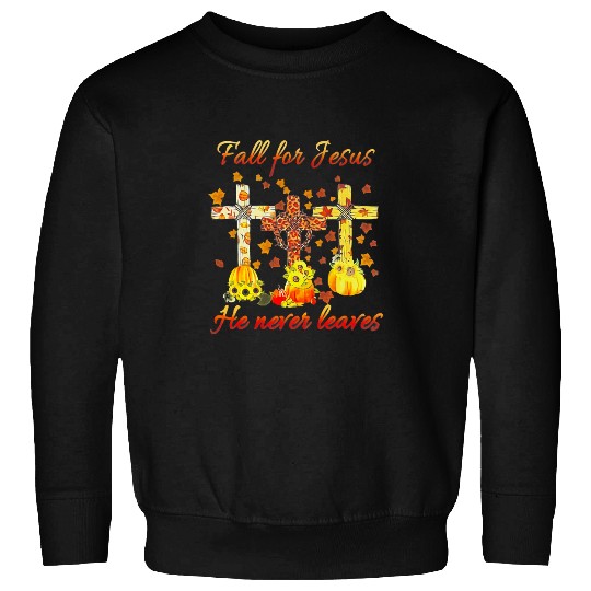 Christian Fall For Jesus He Never Leaves Leopard Cross Pumpkin Sunflow 81 Bibble Jesus Christ Sweatshirts