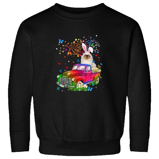 Persian Cat Bunny Truck Hunting Eggs Tree Easter Day Sweatshirts