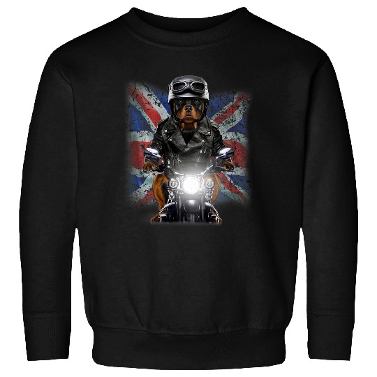 Dog Rottweiler on Motorcycle with Flag of United Kingdom Sweatshirts