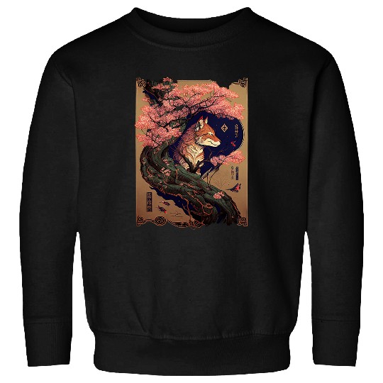 vintages Cherry Blossom Japanese Fox Scroll Graphical Art Sweatshirts