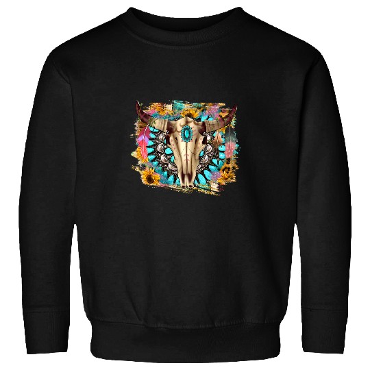 Skeletons Skulls Leopard Boho Sunflower Bull Skull Gemstone Western Country Skull Sweatshirts