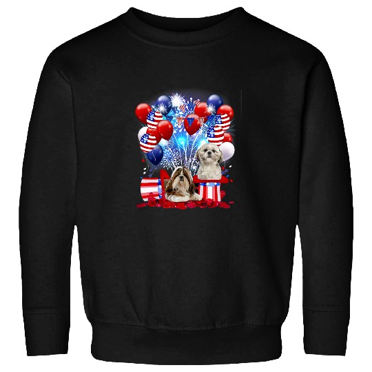 Shih Tzu Firework American Flag 4th Of July Dog Lover Sweatshirts