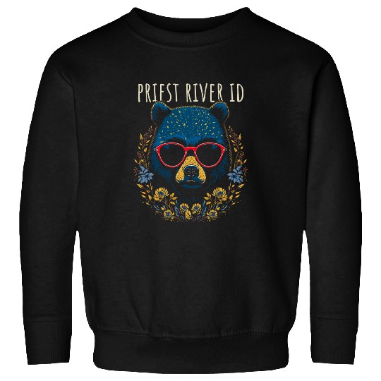 Priest River Idaho Fun Bear Wearing Glasses Flowers Design Sweatshirts
