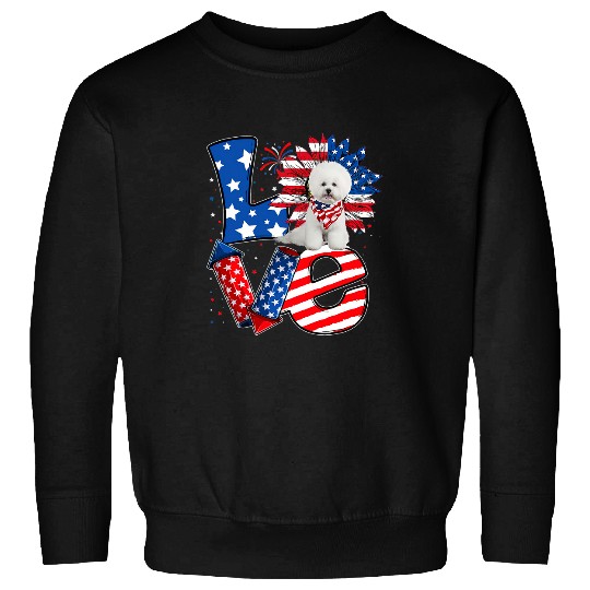 4th of July Decor Patriotic LOVE Bichon Frise Dog USA Flag Sweatshirts