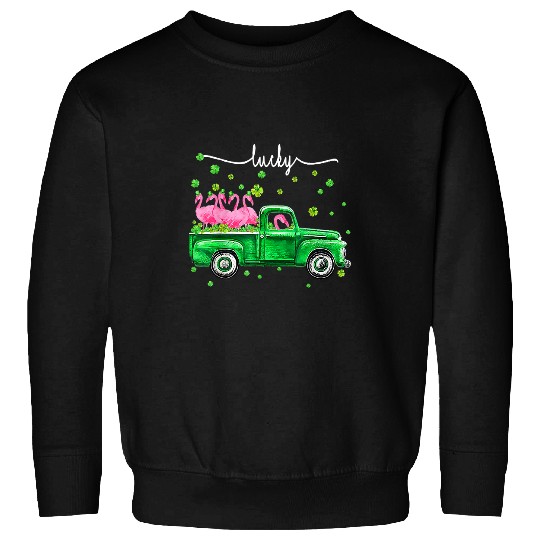 Pink Flamingo Irish Green Truck Lucky shamrock St Patrick gift Flamingos Sweatshirts