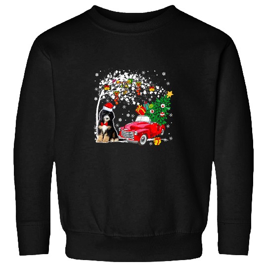Santa Bernedoodle Red Pickup Truck Carrying Christmas Tree Sweatshirts