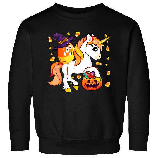 Candy Corn As Witch Riding Unicorns Halloween Carved Pumpkin Sweatshirts