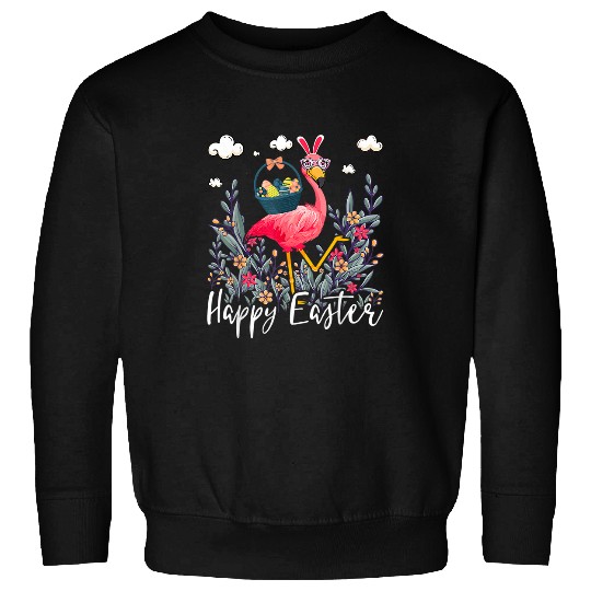 Pink Flamingo Floral Flamingo with Easter Egg Basket Happy Easter Day Flamingos Sweatshirts