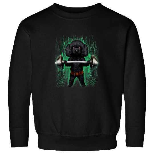 Poodles Black Poodle Dog Weightlifting in Cyber Fitness Gym Poodle dog Sweatshirts