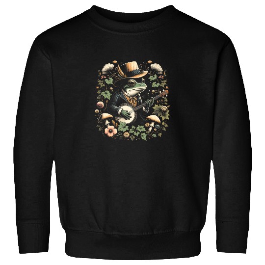 Funny Banjo Cottagecore Aesthetic Frog Playing Banjo on Mushroom Toad Sweatshirts