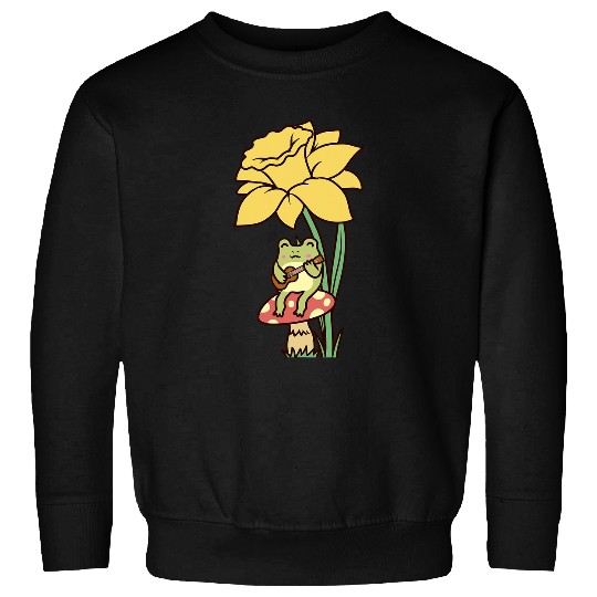 Funny Ukulele Frog Gift Kawaii Cottagecore Aesthetic Frog Ukulele Mushroom Daffodil Sweatshirts