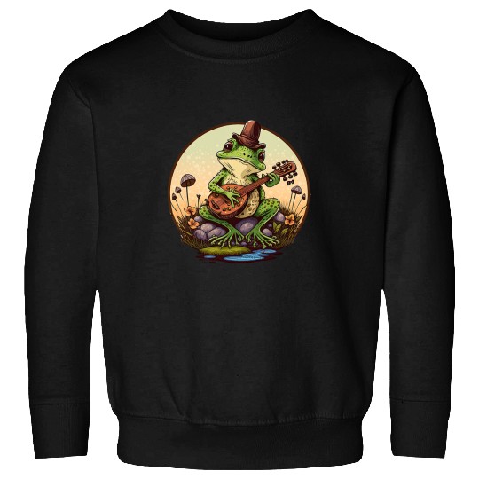 Funny Banjo Frog Cottagecore Aesthetic Frog Playing Banjo on Mushroom Frog Sweatshirts