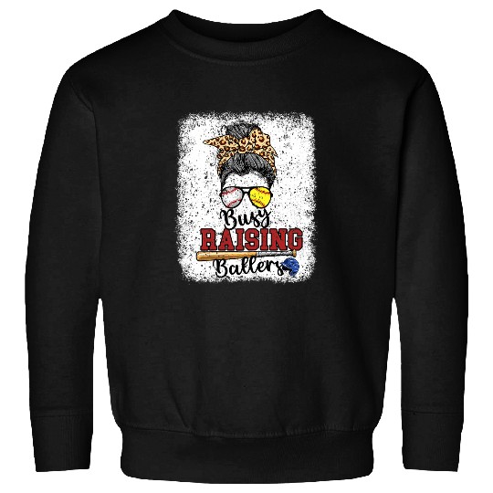 Sport Baseball Womens Raising Ballers Mom Baseball Softball Mom Messy Bun Sweatshirts