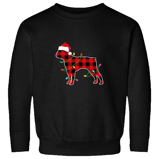 Boston Terrier Pet Santa Hat Christmas Lights Red Plaid Xmas Sweatshirts