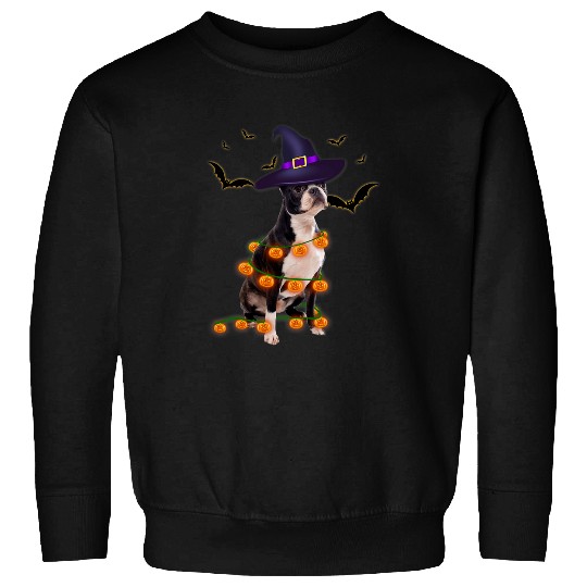 Boston Terrier Pet Wizard Hat Tree Lights Pumpkin Halloween Tee Sweatshirts