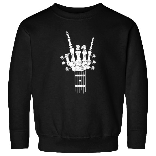 Funny Guitar Rock On Guitar Neck Vintage Retro Rock Roll Skeletons Hand 32 Skull Sweatshirts
