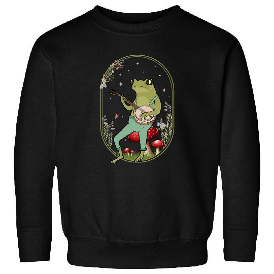 Funny Banjo Frog Retro Cottagecore Frog Playing Banjo on Mushroom Aesthetic Sweatshirts