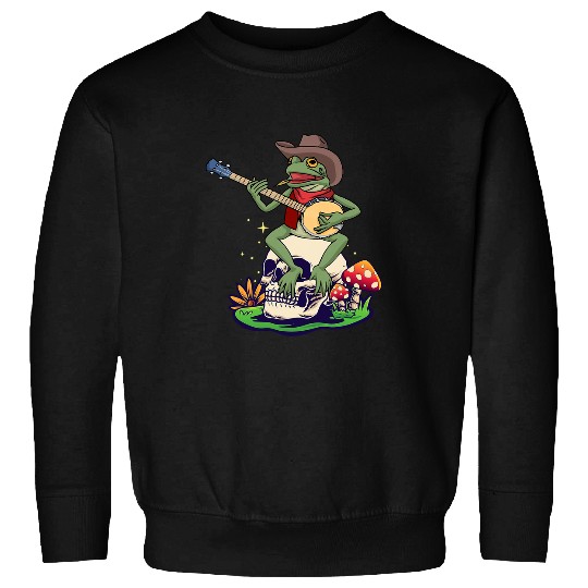 Funny Banjo Frog Mushroom Skull Cowboy Frog Playing Banjo Cottagecore Sweatshirts