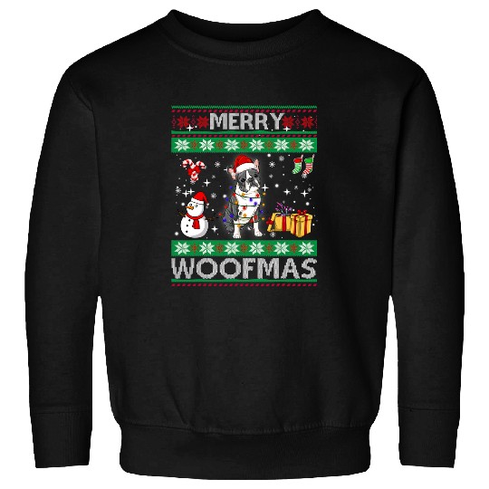 Boston Terrier Pet With Santa Hat Matching Ugly Christmas Sweatshirts