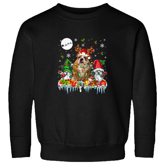 English Bulldog Pet Santa Reindeer Bulldog Couple Gnomes Christmas Lights Sweatshirts