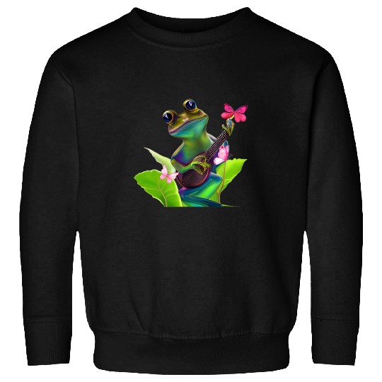 Funny Banjo Frog Playing Banjo in Nature Outdoor Scene with Butterflies Sweatshirts