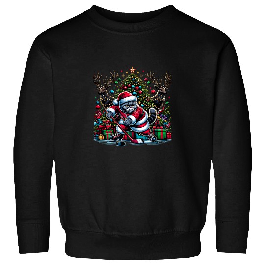 Sport Hockey Santa British Shorthair Cat Playing Hockey Sweatshirts