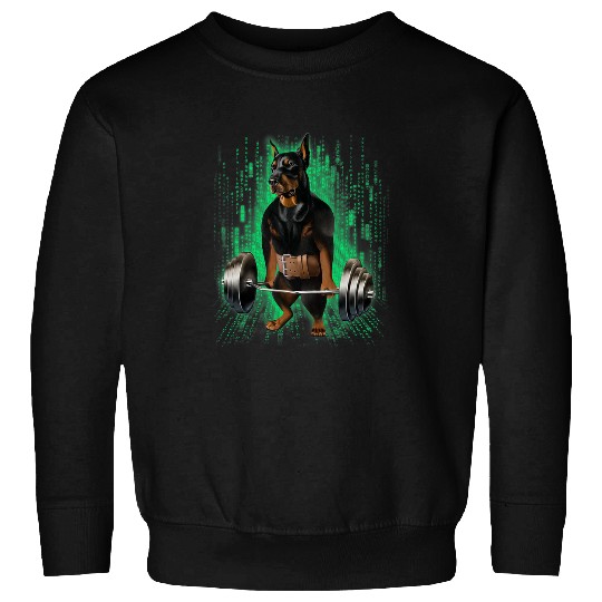 Doberman Pet Muscle Training with Barbell Shrug Bar in Cyber Sweatshirts