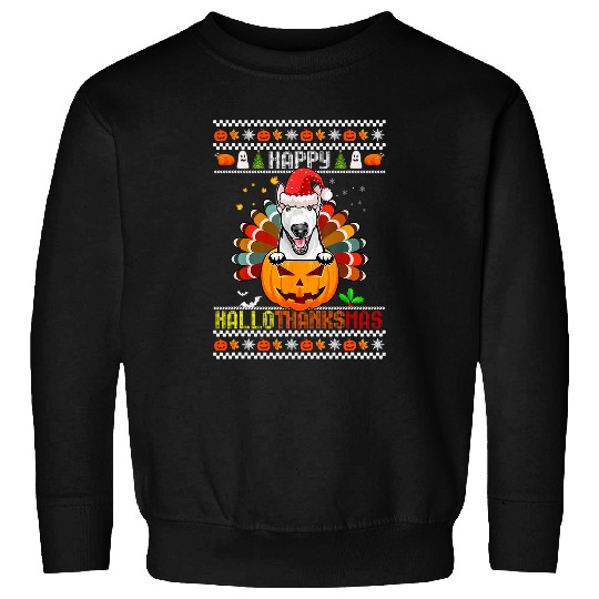 Bull Terrier Pet Happy Hallothanksmas Bull Terrier Santa Pumpkin Turkey Sweatshirts