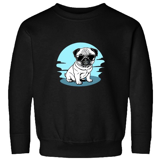 Pug Pet Cool Pug with Sunglasses on Blue Background Sweatshirts