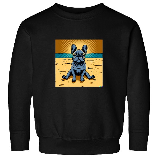 French Bulldog Pet Frenchie Dog On Her Butt Sitting In The Sand Sweatshirts