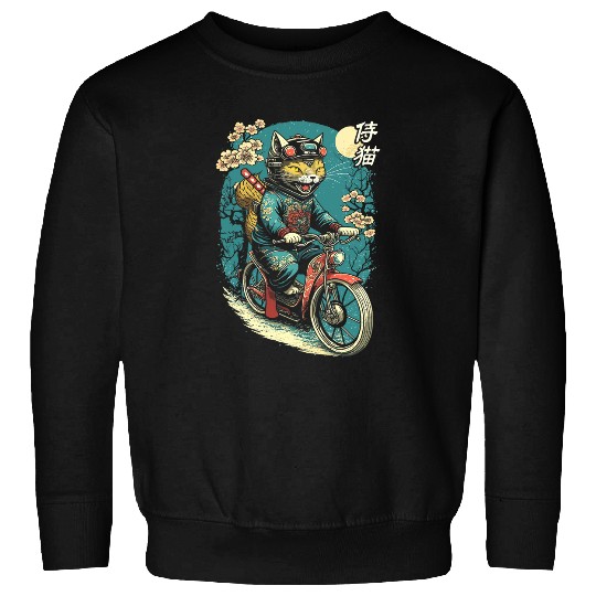 Japanese Samurai Cat on Motorcycle Kawaii Ninja Cat 27 Sweatshirts