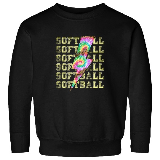 Sport Softball Lightning Bolt Tie Dye Leopard Stacked Words Sweatshirts