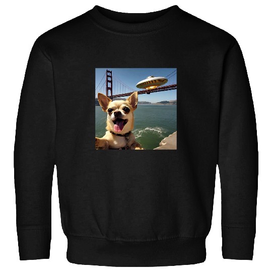 Chihuahua Pet selfie with UFO alien Golden Gate Bridge dog dad Sweatshirts