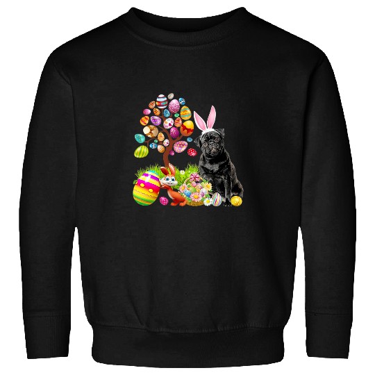 Pug Pet BLACK Pug Easter Egg Tree Dogs Bunny Easters Day Sweatshirts