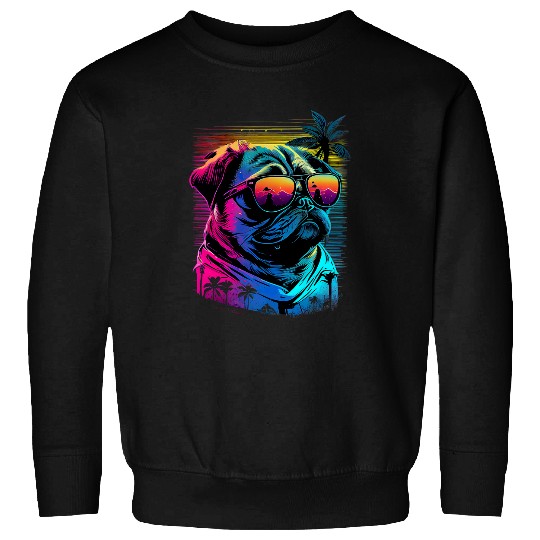 Pug Dog with Sunglasses Vaporwave Synthwave Retrowave Style Sweatshirts