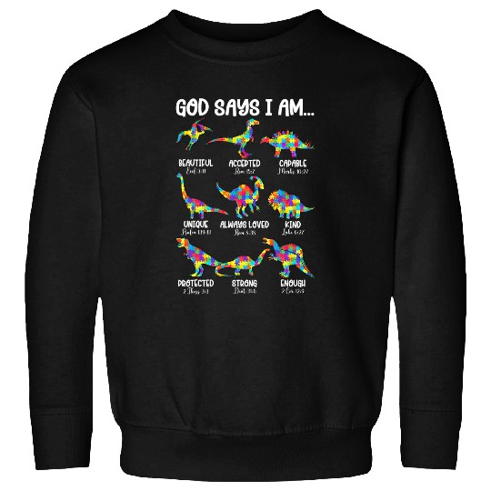 Autism Puzzle Dino Christian I am Bible Verses Christian Dinosaur Sweatshirts