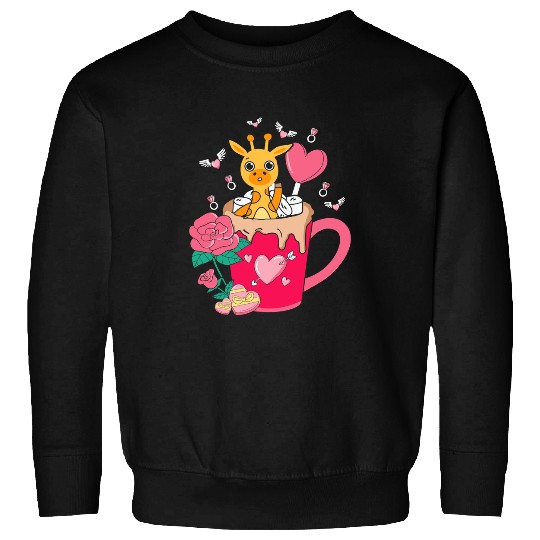 Giraffe Pet Coffee Happy Pink Valentines Day Giraffes in the Coffee Cup Graphic Sweatshirts