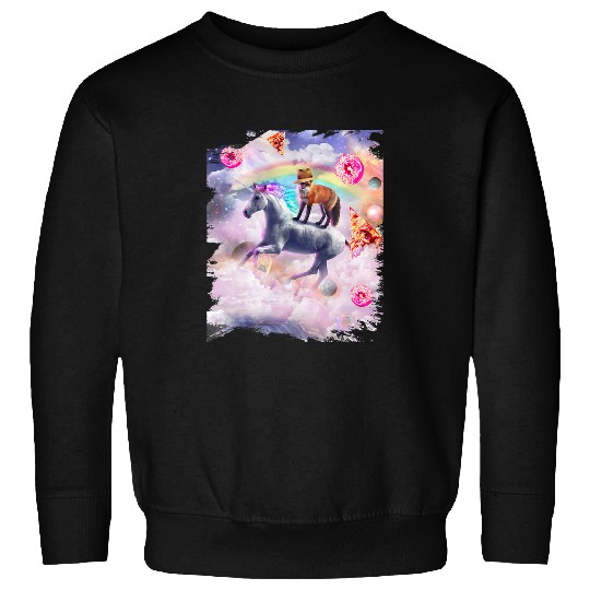 Unicorn Pet Fox Riding Unicorn Rainbow Pizza Donut In Clouds Sweatshirts
