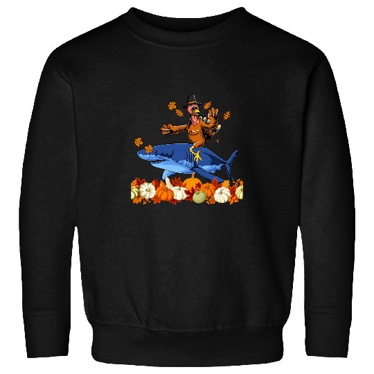 Shark Pet Thanksgiving Turkey Riding Shark Fall Leaves Pumpkins Lover Sweatshirts