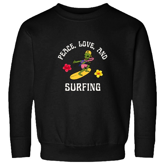 Aliens UFO Peace Love and Surfing Hibiscus Flower Alien Beach Hawaiian Sweatshirts