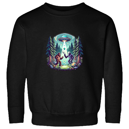 Bigfoot Pet Meets Alien UFO Forest Encounter Sweatshirts