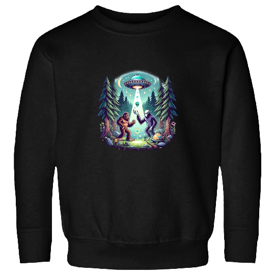 Bigfoot Pet Meets Alien UFO Forest Encounter Sweatshirts
