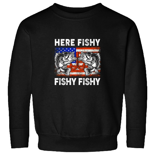 Fishing Fun HereFishy Funny Fishing Dad Bass Fish American Flag Sweatshirts