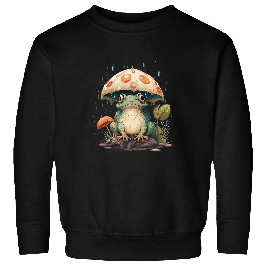 Frog Pet Cottagecore Frog With Mushroom Hat In Rain Swamp Mycology Sweatshirts