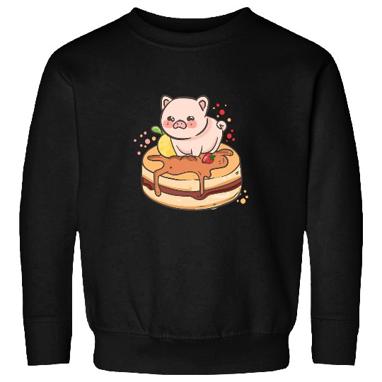Pig Pet On A Cake With Brown Topping Cute Kawaii Anime Pork Sweatshirts