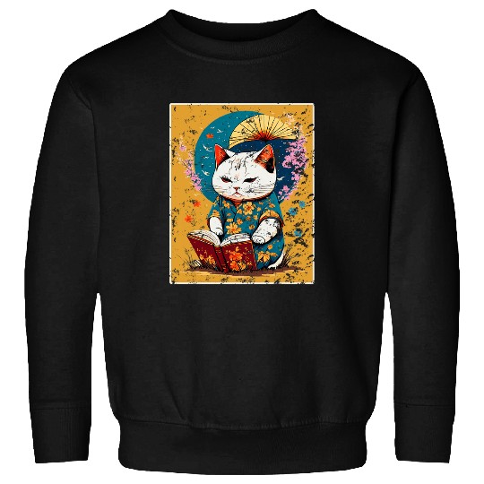 Book Fun vintages Cute Japanese Cat Reading Book Feline Literary Charm Sweatshirts