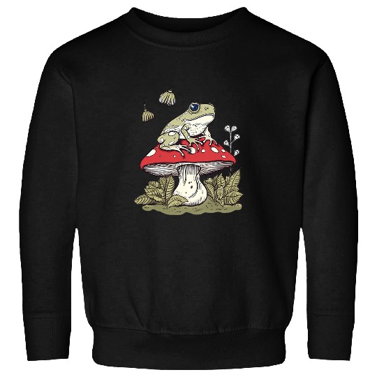 Frog Pet With Mushrooms In A Forest in Cottagecore Aesthetic Sweatshirts