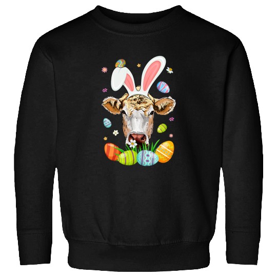 Cow Pet Face With Bunny Ears Colorful Eggs Easter Day Kids Sweatshirts